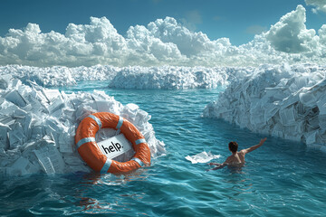 Poster - a person drowning in a sea of paperwork, reaching for a lifebuoy labeled 