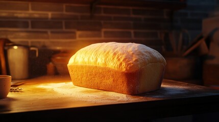 Poster - Freshly Baked Loaf of Bread on a Wooden Table