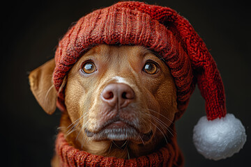 Wall Mural - A dog wearing a Santa hat, looking unimpressed by the holiday spirit. Concept of pets and holiday traditions.