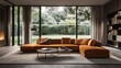 © SmartArt - Stylish open-concept living space featuring vintage velvet sofa and modern metal coffee table with natural light