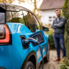 Wall Mural - Owner charging his electric car at a home charging station