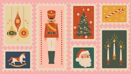 Set of retro christmas stamps. Merry Christmas postmarks in modern style.