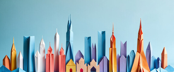 Wall Mural - Illustrative depiction of a cityscape or skyline made of paper and designed against a bright background