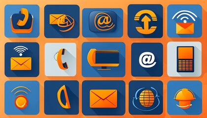 Wall Mural - Vibrant Flat Design Icons Representing Communication and Technology on a Blue and Orange Background