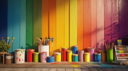 Context of ideas for remodeling and home improvement. A rainbow-colored painted wooden wall, complete with paintbrushes, paint cans, and color palettes. three-dimensional illustration