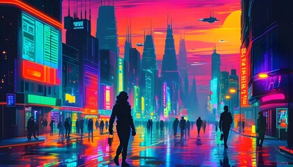 Wall Mural - Neon-lit futuristic cityscape bustling with silhouettes of people in a vibrant modern urban setting at night