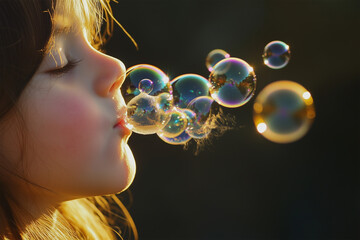 child kissing soap bubbles