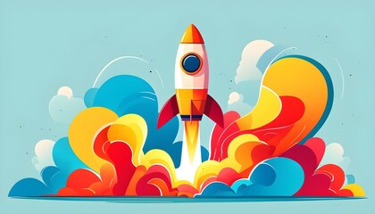 Wall Mural - Dynamic rocket launch with abstract shapes and bars, symbolizing growth and innovation in a vibrant vector illustration