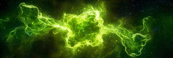 Aufkleber - mesmerizing explosion of bright green particles bursts forth, radiating energy and creating a wave of light against a dark cosmic backdrop. Glowing particles disperse in all directions.