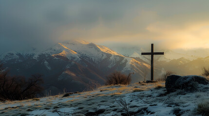 cross over the sky, against the sun, in the mountains