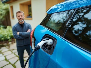 Wall Mural - Owner charging his electric car at a home charging station