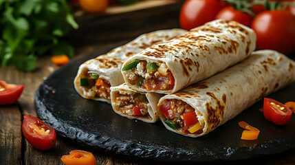 a pair of burritos resting on a dark platter alongside a mound of tomatoes and peppers