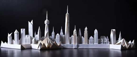 Wall Mural - Illustrative depiction of a cityscape or skyline made of paper and designed against a dark background