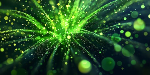 Fototapete - vibrant burst of green particles radiates outward from a glowing core, creating a dazzling wave of light and dust that embodies cosmic energy and motion.