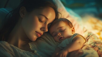 Poster - A Mother and Her Baby Sleeping Soundly in Bed