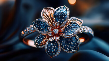 A macro shot of a ring adorned with a floral motif in its center and encrusted with sparkling diamonds on its outer edges