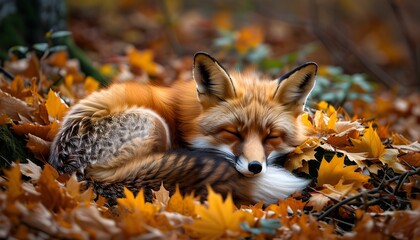 Wall Mural - Serene fox resting among vibrant autumn leaves, embodying the tranquil beauty of fall in the forest.