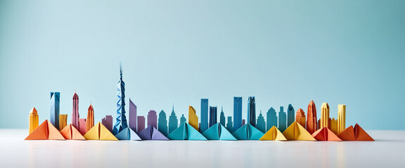 Wall Mural - Illustrative depiction of a cityscape or skyline made of paper and designed against a bright background