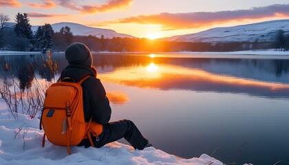 Wall Mural - Tranquil winter sunset by the snowy lakeside with a person and an orange backpack