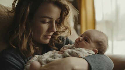 Poster - A Woman Holding and Looking at a Newborn Baby