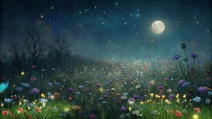 a field of flowers with a full moon in the sky