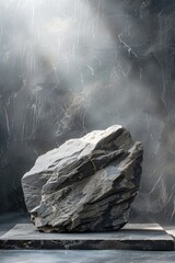 Poster - A large rock sits atop a wooden block