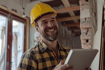 Wall Mural - A construction worker holding a tablet computer on the job site