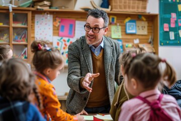 Canvas Print - A man stands among a group of children, possibly a teacher or mentor