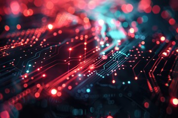 Poster - Close up shot of a circuit board with red and blue lights, suitable for technology and electronics themed projects