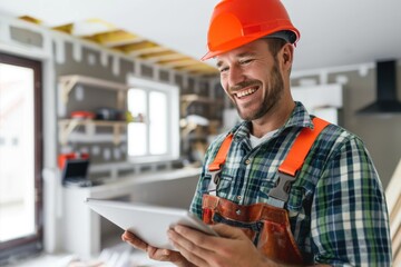 Poster - A construction worker wearing a hard hat and safety vest holds a tablet, likely for documentation or communication purposes