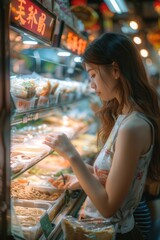 Poster - A woman standing in front of a colorful display of various foods, perfect for editorial or commercial use