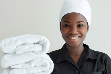 Poster - A person holding a stack of towels