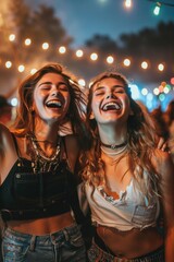 Aufkleber - Two smiling women enjoying themselves at a vibrant festival scene