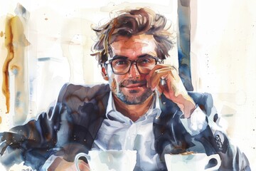 Poster - A person enjoying coffee from two cups, perfect for an office or home scene