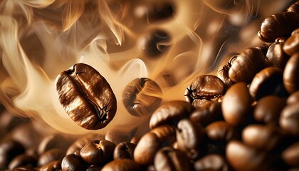 Aromatic close-up of roasted coffee beans with rising smoke, capturing the rich essence of a fresh espresso experience