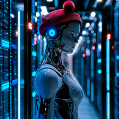 A female humanoid robot standing confidently in front of a futuristic server room, with sleek metallic limbs and glowing blue lights.