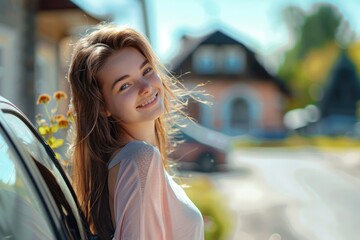 Poster - A person leaning out of an open car window, possibly looking or waving at something outside the vehicle