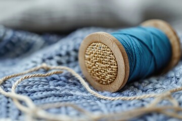 Aufkleber - A spool of thread sits atop a soft blue blanket, ready for use in sewing or crafting