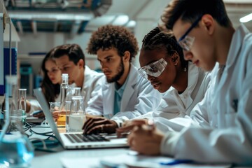 Canvas Print - Group of scientists working on laptops and taking notes, likely in a research setting