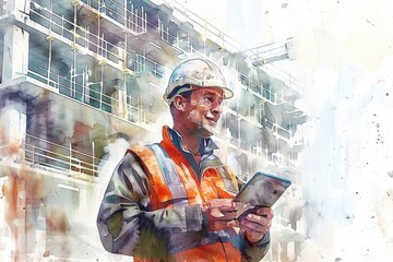 Wall Mural - A person wearing an orange safety vest holds a tablet computer, ready to work or communicate