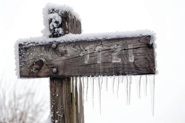 Sticker - A frosty wooden sign with icicles hanging from the edges, perfect for winter or snowy scenes