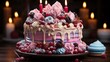 © zahra - Celebration birthday cake with lots of icing and decorations.