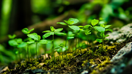 A group of young plants growing out of the ground.