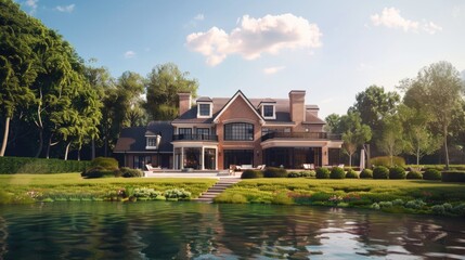 Poster - A large house situated on the edge of a vibrant green field, perfect for outdoor scenery or rustic theme