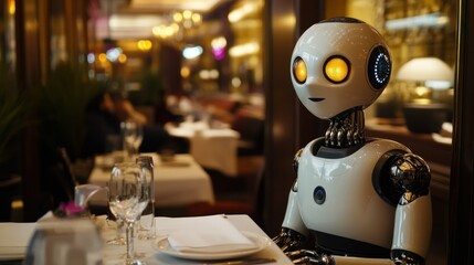 White humanoid robot with glowing eyes in a restaurant setting.