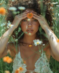 Portrait, beautiful woman with freckles holding a flower over her face in a field of wildflowers.