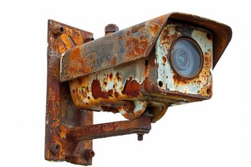 Poster - A vintage camera attached to a weathered metal pole