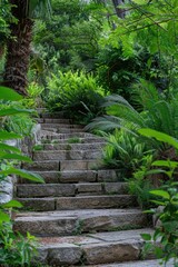 Poster - A stairway leads into a dense and vibrant forest, perfect for nature photography or outdoor adventure illustrations