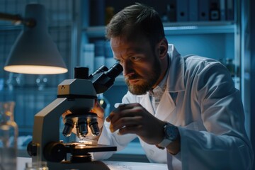 Aufkleber - A scientist looks at a specimen under a microscope