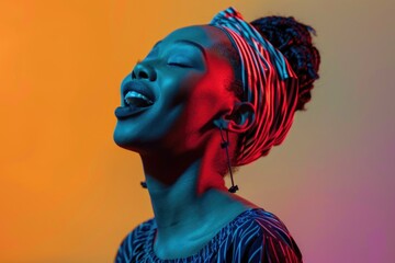 Poster - A woman singing into a microphone in a brightly lit room